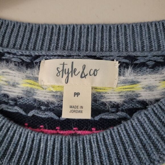 "Style & Co " Woman's long sleeve sweater Size: PP fair Isle Strip/ Indigo NWT - Picture 4 of 8